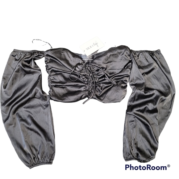 Blue Blush Black Satin Lace Up Tie Front Off The Shoulders Crop Top - Picture 10 of 10